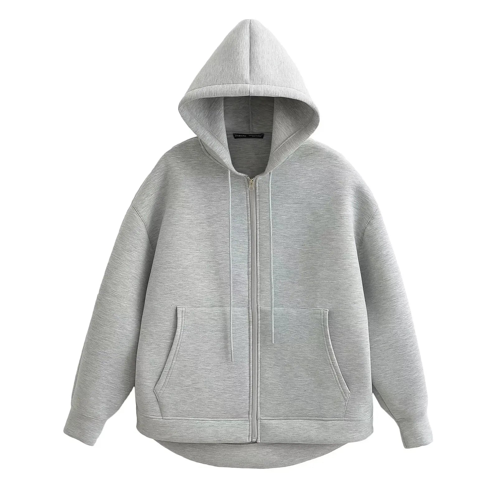 Women's Hooded Zip Jacket with Relaxed Fit and Drop Shoulders - Light Grey