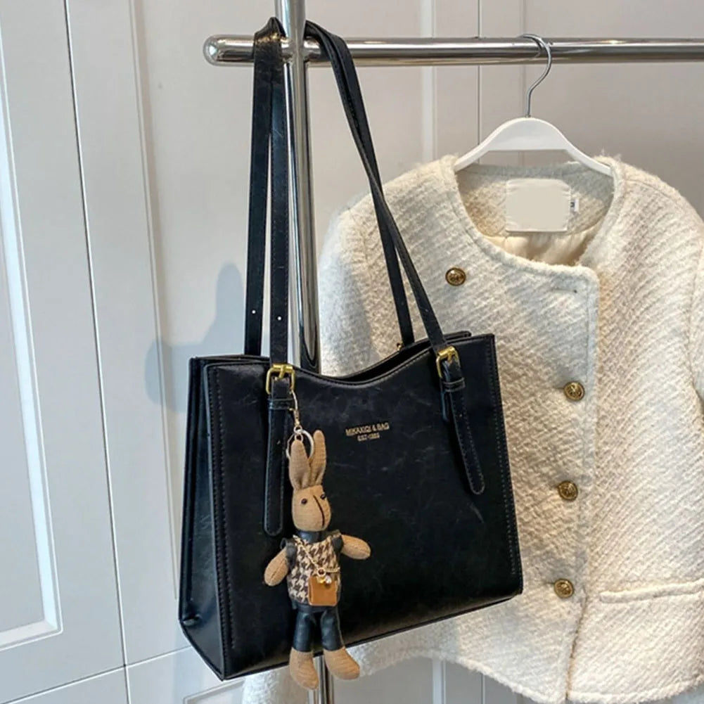 Women's Tote Bag with Detachable Bunny Charm - Black
