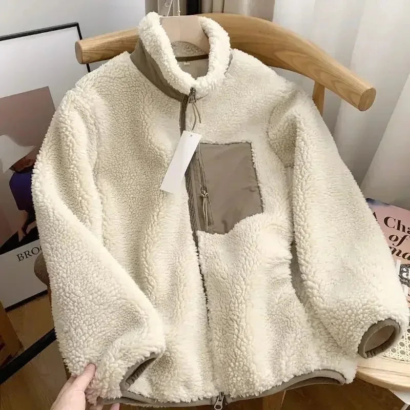Women's Teddy Coat with High Collar and Zip Pocket - Shade B