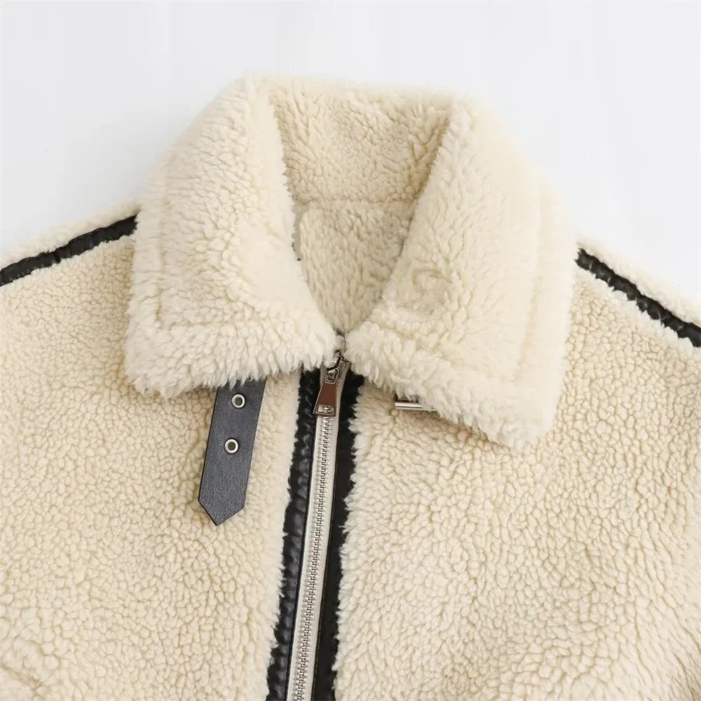Women's Faux Fur Moto Jacket with Contrast Trim and Zip Front - 4