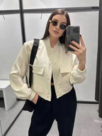 Women's Bomber Jacket with Patch Pockets and Ribbed Trim - 2
