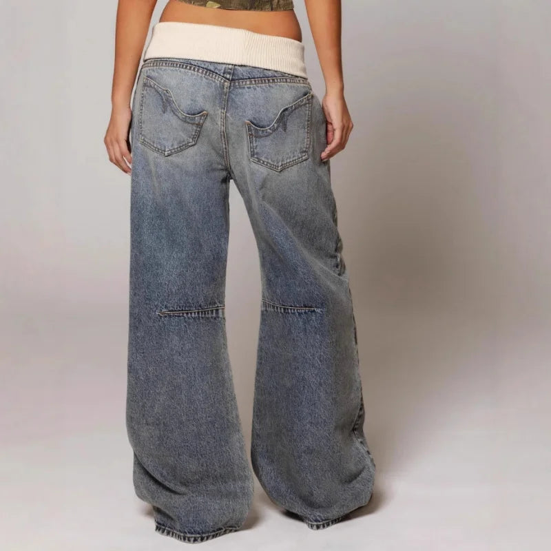 Women's Baggy Wide Leg Jeans with Rib Waistband - 4