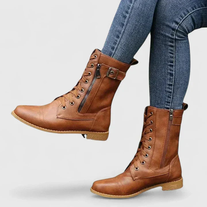 Women's Lace-Up Combat Boots with Buckle and Zip Detail - 5