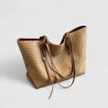 Women's Woven Tote Bag with Dual Handles - Khaki