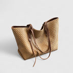 Women's Woven Tote Bag with Dual Handles - Khaki