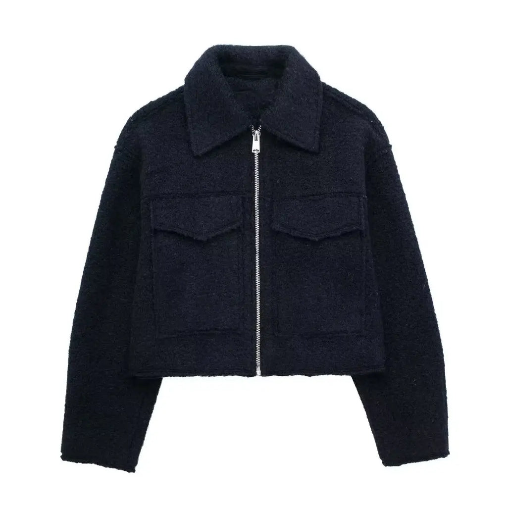 Women's Cropped Jacket with Lapel Collar and Zip Fastening - Navy Blue
