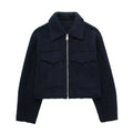 Women's Cropped Jacket with Lapel Collar and Zip Fastening - Navy Blue