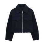 Women's Cropped Jacket with Lapel Collar and Zip Fastening - Navy Blue