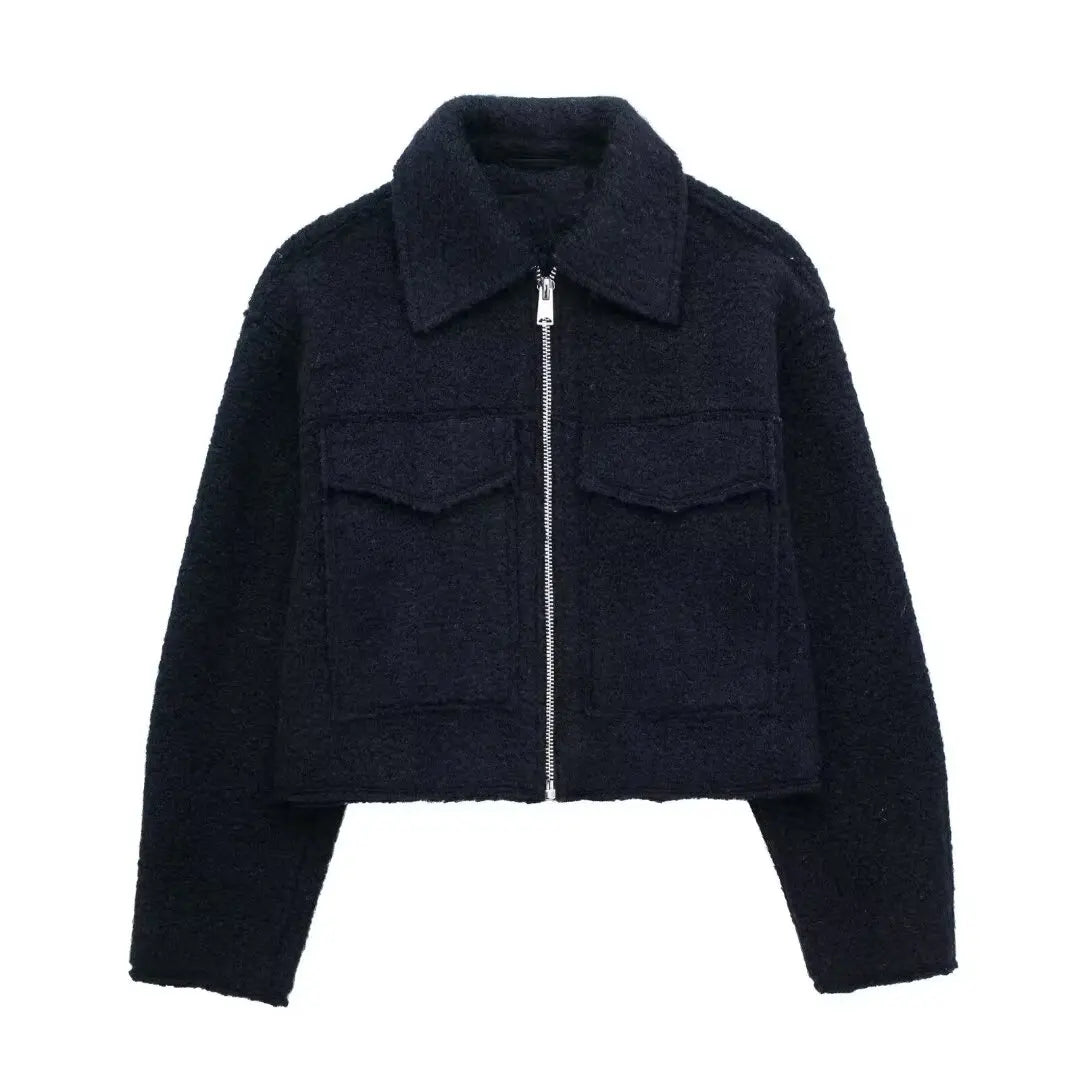 Women's Cropped Jacket with Lapel Collar and Zip Fastening - Navy Blue