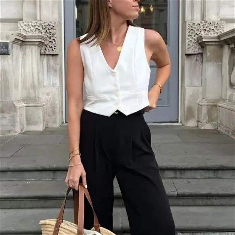 Women's Cropped Tailored Vest with Button Front and V-Neck - 3