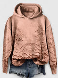 Women's Hooded Jumper with Floral Lace Trim and Scalloped Hem - Orange