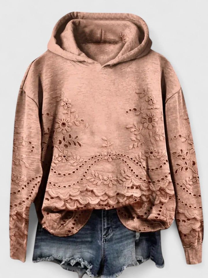 Women's Hooded Jumper with Floral Lace Trim and Scalloped Hem - Orange