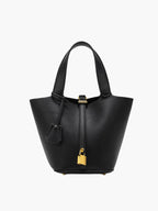 Structured Bucket Bag with Gold-Tone Lock Detail - Black