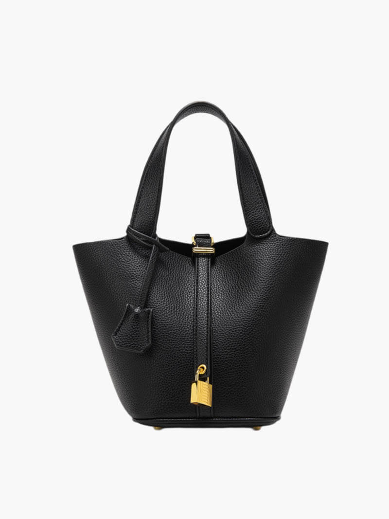 Structured Bucket Bag with Gold-Tone Lock Detail - Black