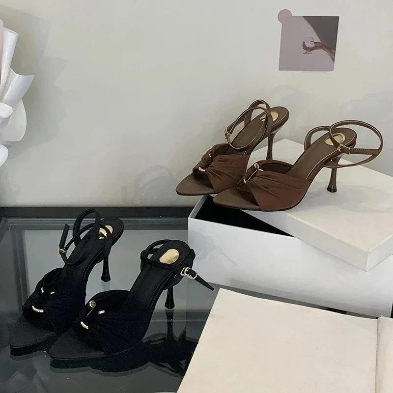 Women's Pleated Buckle Heeled Sandals with Ankle Strap - 6