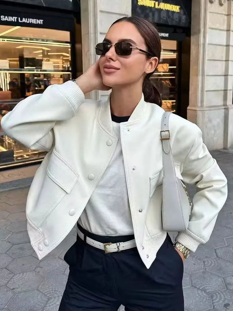 Women's Bomber Jacket with Patch Pockets and Ribbed Trim - 3