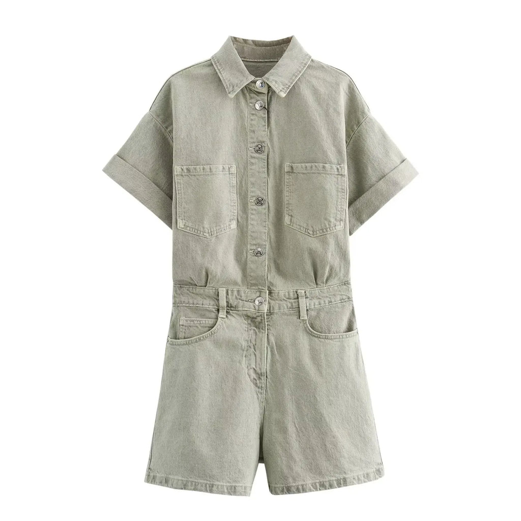 Women's Denim Playsuit with Chest Pockets and Button Front - Green