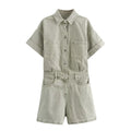 Women's Denim Playsuit with Chest Pockets and Button Front - Green