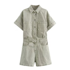 Women's Denim Playsuit with Chest Pockets and Button Front - Green