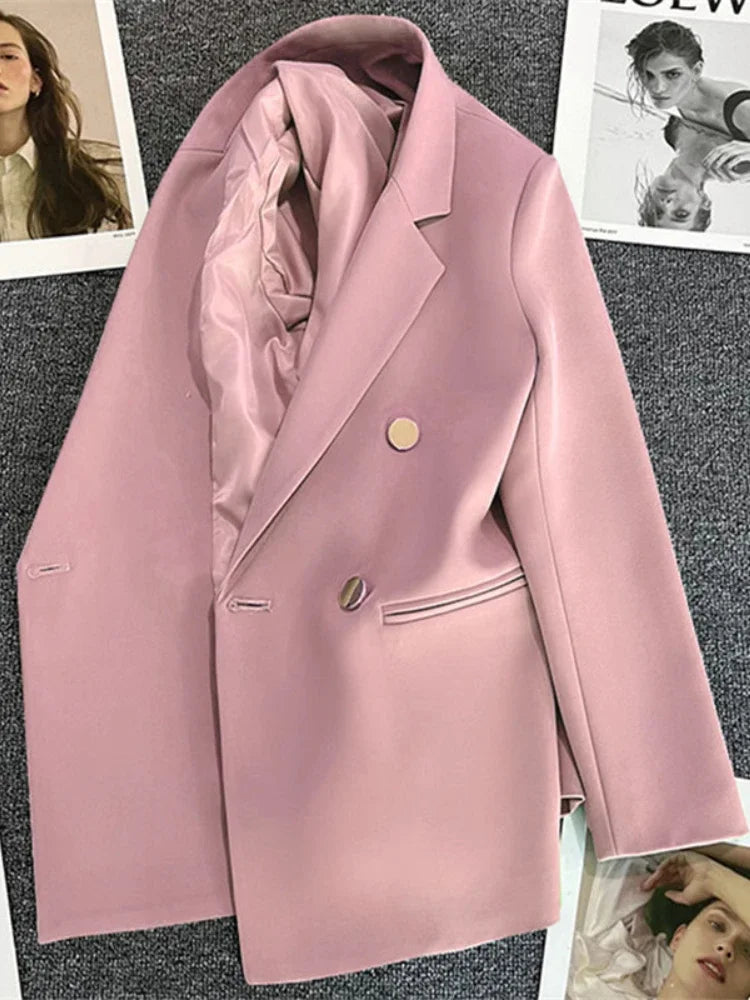 Women's Blazer Double-Breasted with Notched Lapel and Structured Fit - Pink