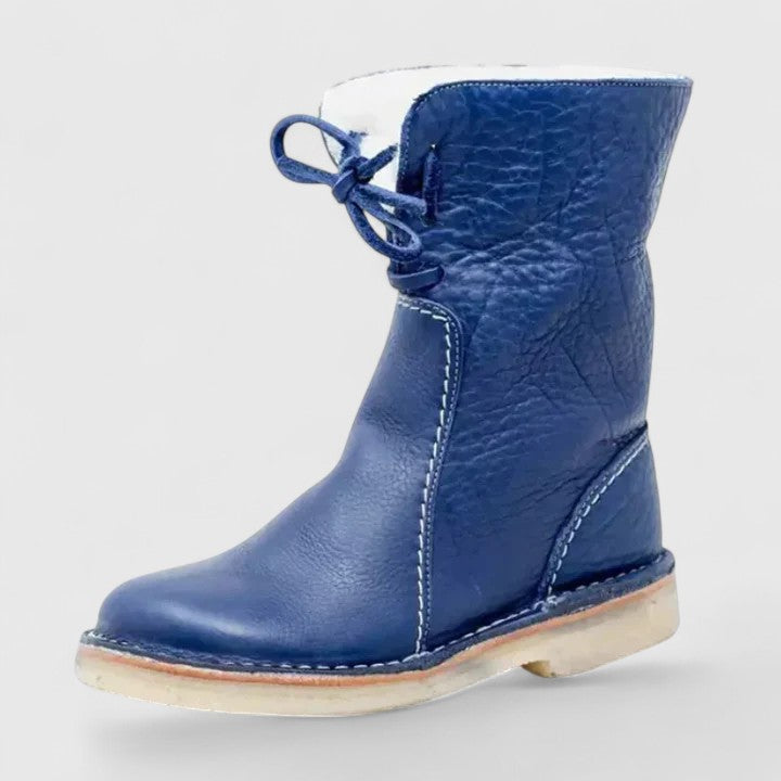 Women's Ankle Boots with Fleece Trim and Lace-Up Front - Blue