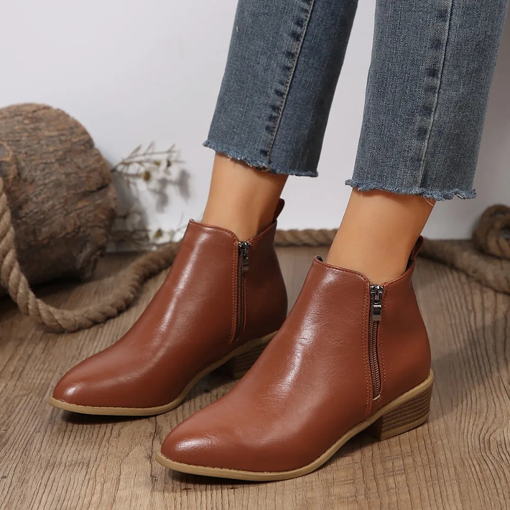 Women's Ankle Boots with Side Zip and Block Heel - 2