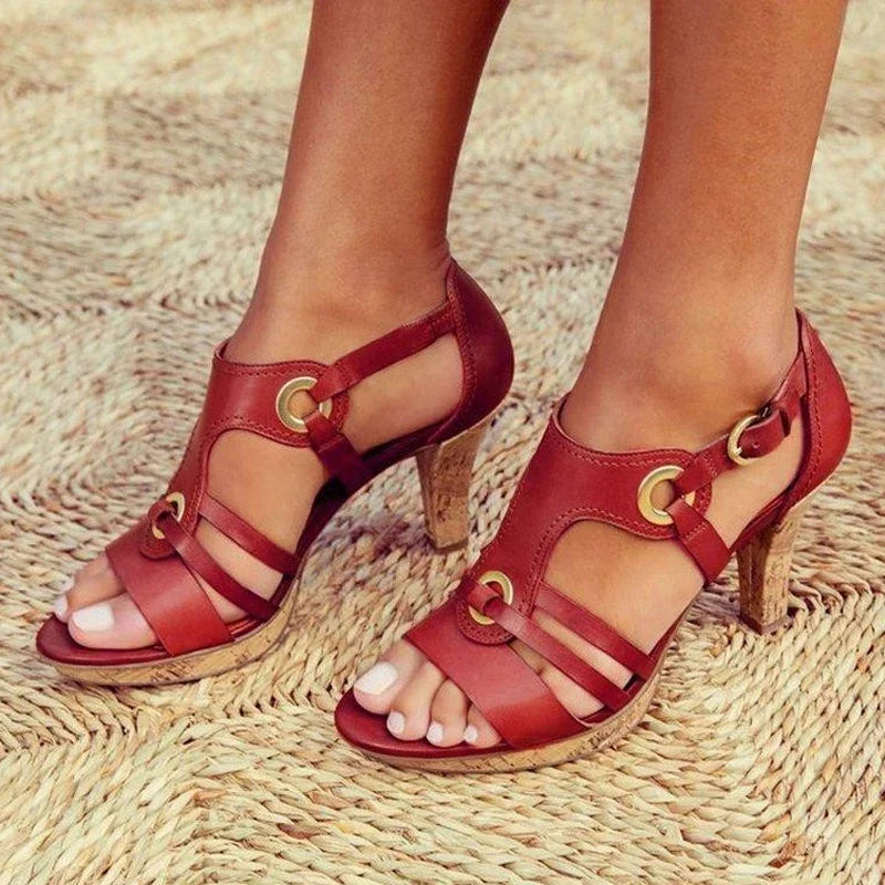 Women's T-Strap Sandals with Ring Detail and Block Heel - Red