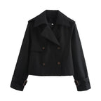 Women's Cropped Trench Coat with Double-Breasted Buttons and Belted Cuffs - Black