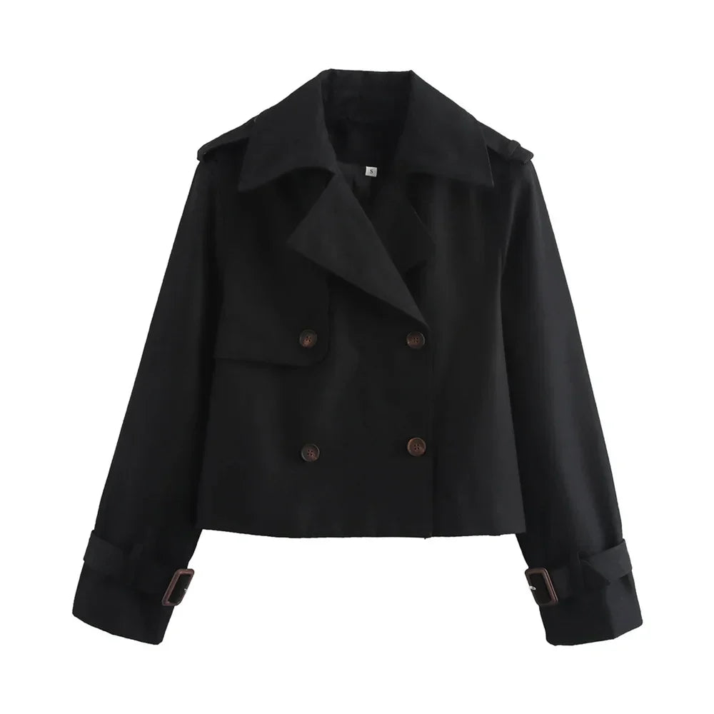 Women's Cropped Trench Coat with Double-Breasted Buttons and Belted Cuffs - Black