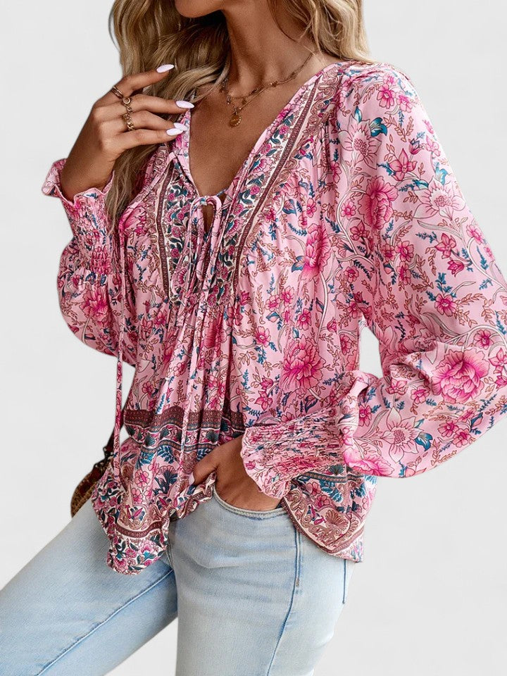 Women's Long Sleeve Blouse with Tie Neck and Floral Print - 7