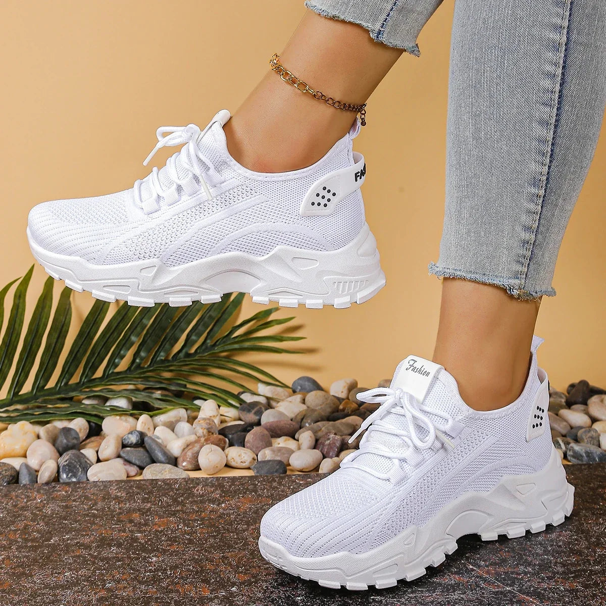 Women's Sneakers with Mesh Upper and Chunky Sole - White