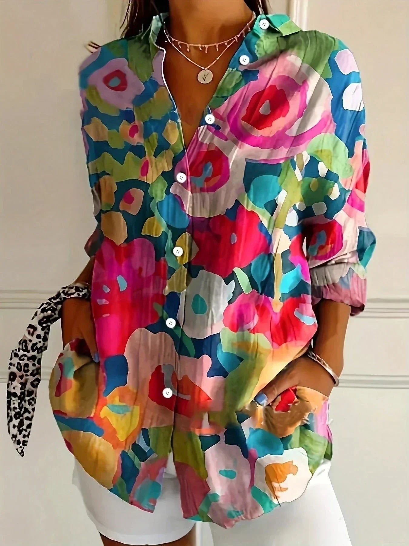 Women's Blouse Long Sleeve with V-Neck and Floral Print - Flowers