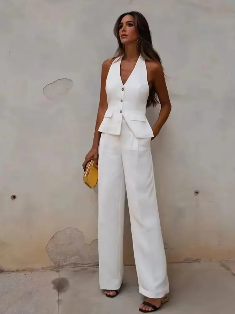 Women Halter Waistcoat and Trouser Co-ord Set with Wide Leg - 2