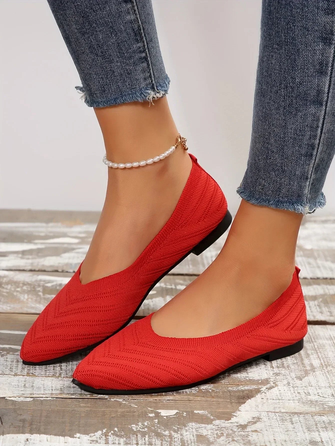 Women's Ballet Flats Pointed Toe with Stretch Knit Upper - Red