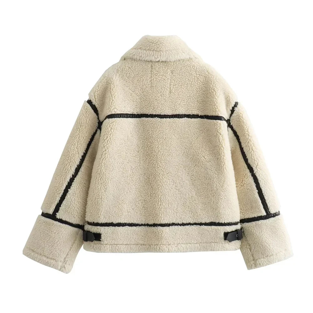 Women's Faux Fur Moto Jacket with Contrast Trim and Zip Front - 3