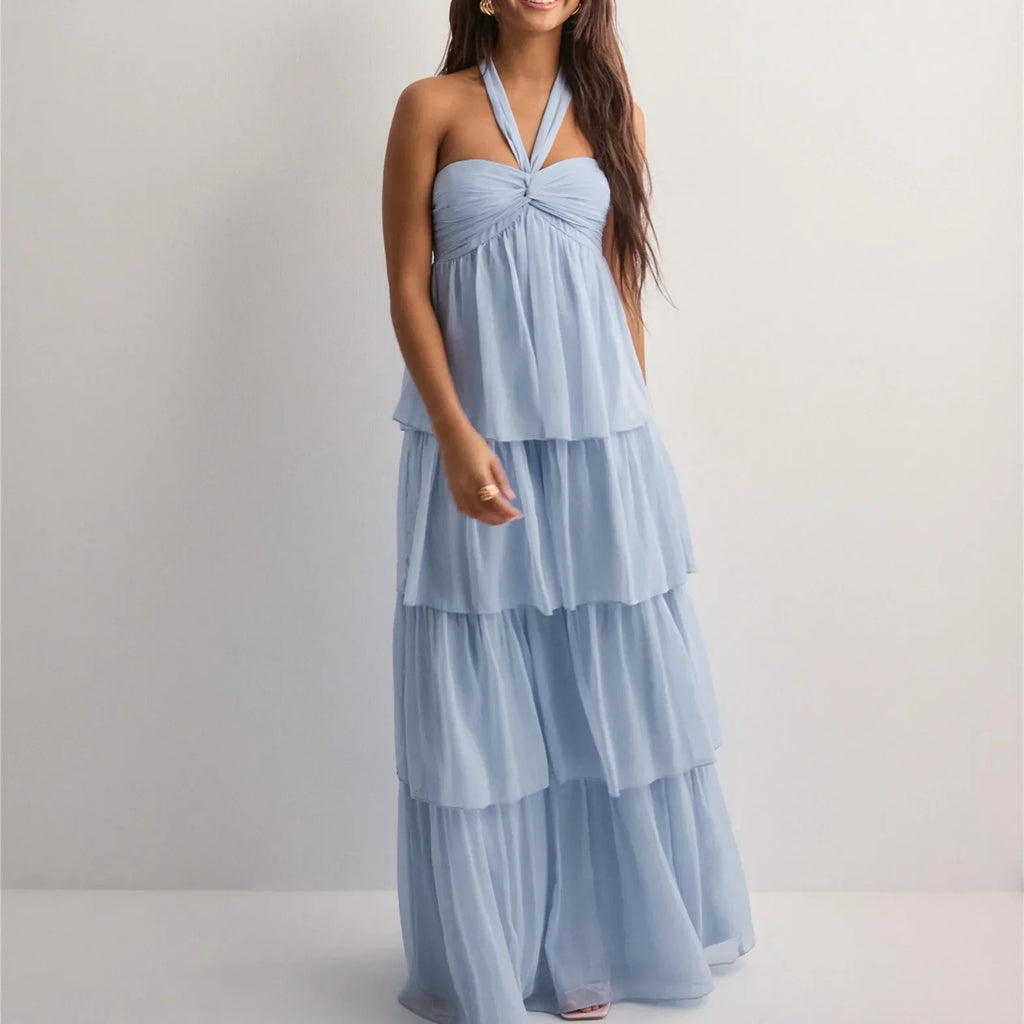 Women's Strapless Maxi Dress with Tiered Skirt and Bow Detail - Light Blue