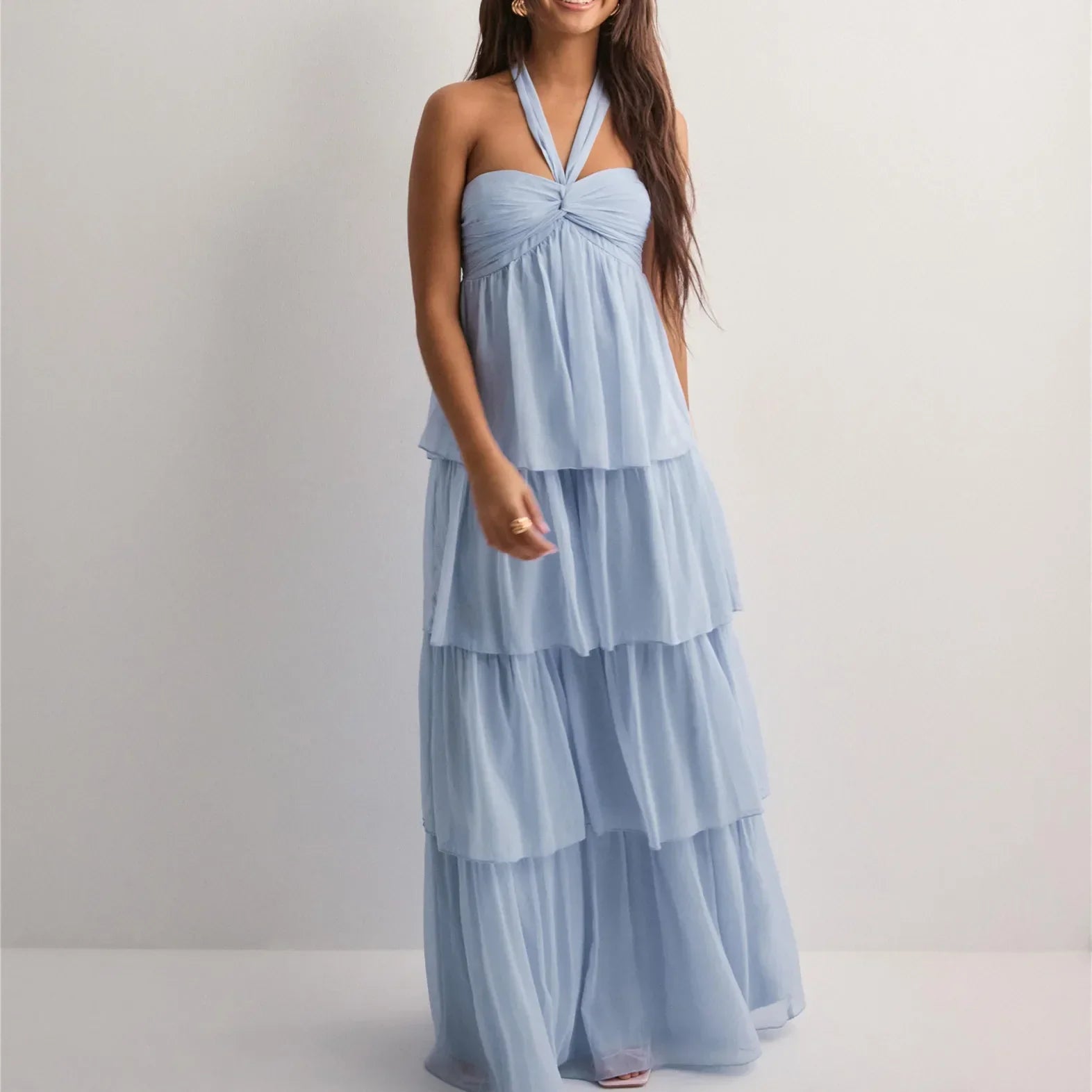 Women's Strapless Maxi Dress with Tiered Skirt and Bow Detail - Light Blue