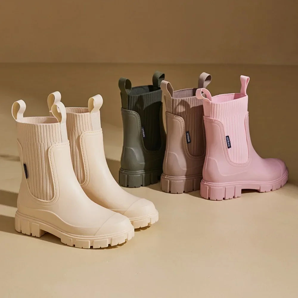 Women's Chelsea Rain Boots with Elastic Panels and Comfort Sole - 3
