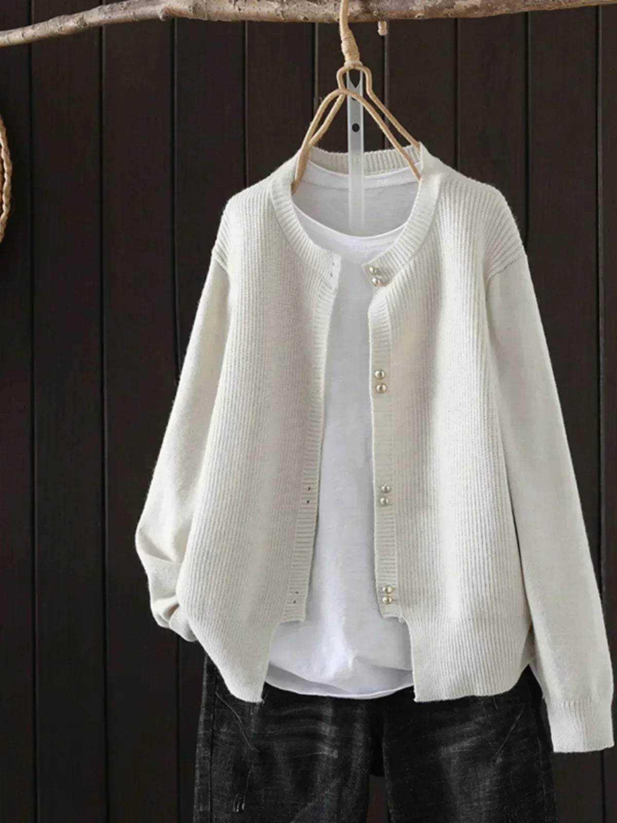 Women's Cardigan with Pearl-Effect Buttons and Relaxed Fit - Beige