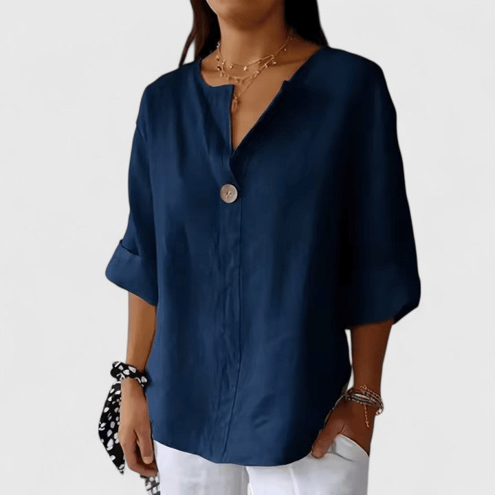 Women's Blouse Loose Fit V-Neck with Front Knot Detail - Navy Blue