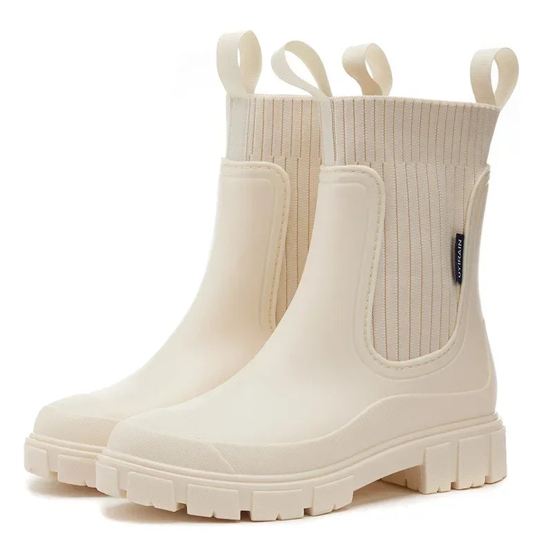 Women's Chelsea Rain Boots with Elastic Panels and Comfort Sole - Beige