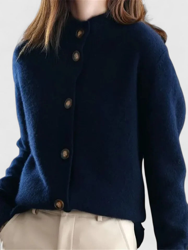 Women's Cardigan Button-Up with Stand Collar - Navy Blue