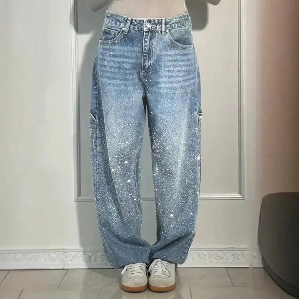 Women's Wide-Leg Jeans with Embellished Crystal Detail - 6