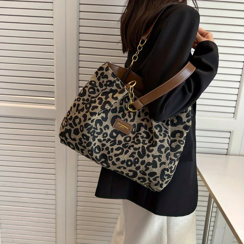 Leopard Print Tote Bag with Gold-Tone Chain Handles - 4