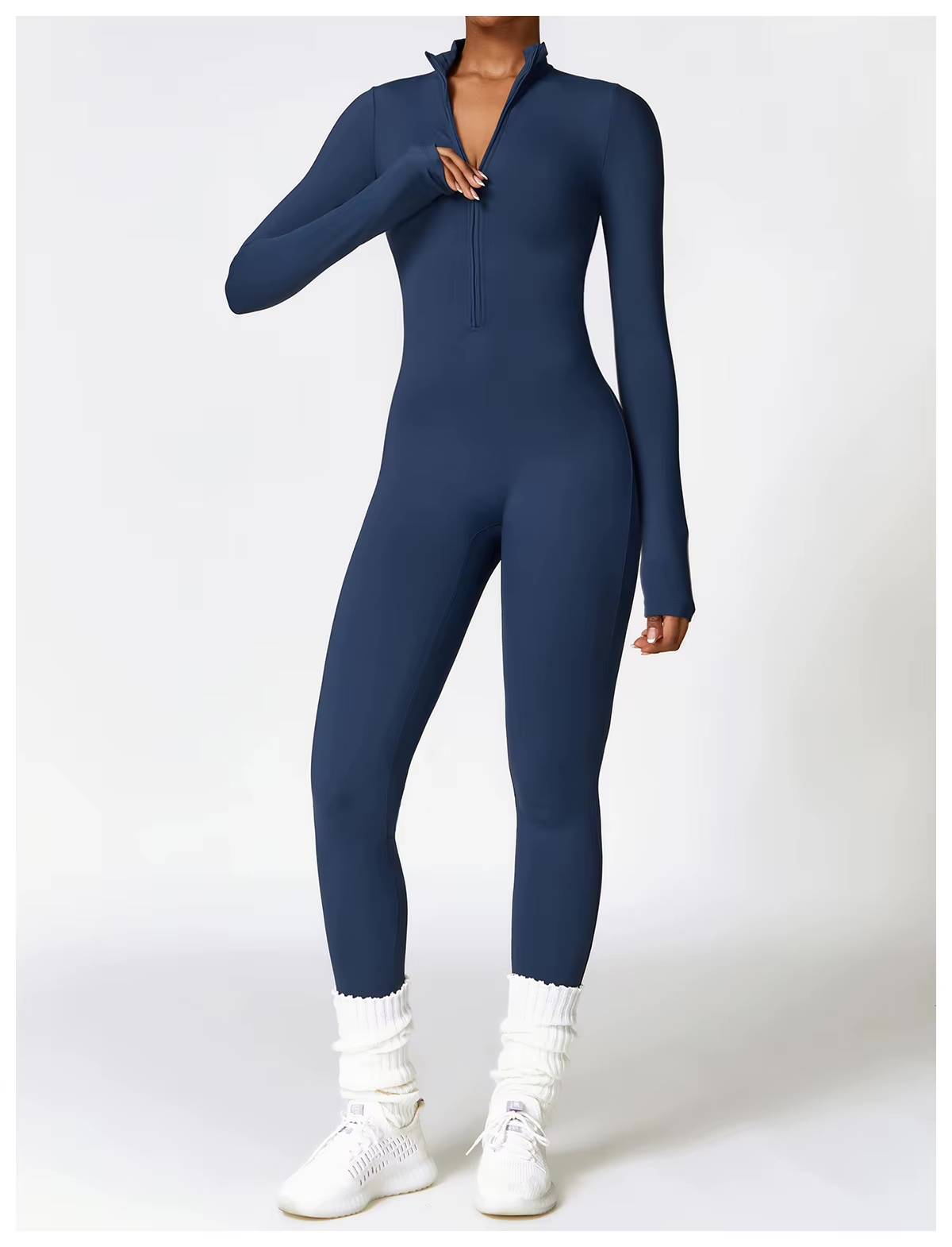 Women's Fleece Lined Jumpsuit with Zip Neckline and Long Sleeves - 3