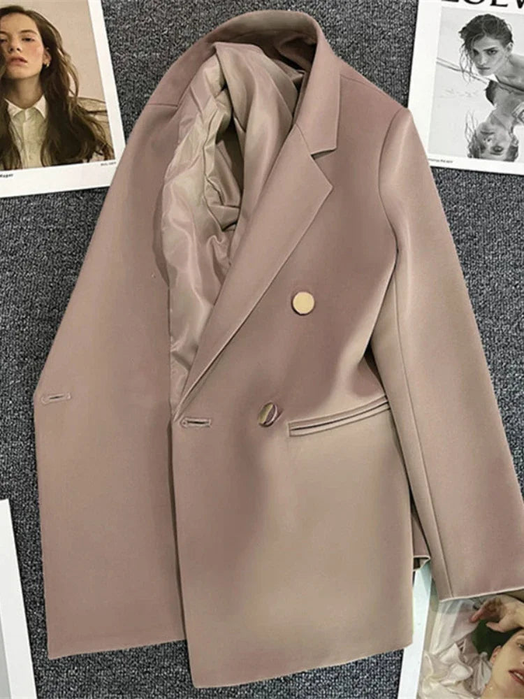 Women's Blazer Double-Breasted with Notched Lapel and Structured Fit - Khaki