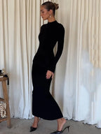 Women's Long Sleeve Bodycon Maxi Dress with O-Neck and Side Pockets - 6
