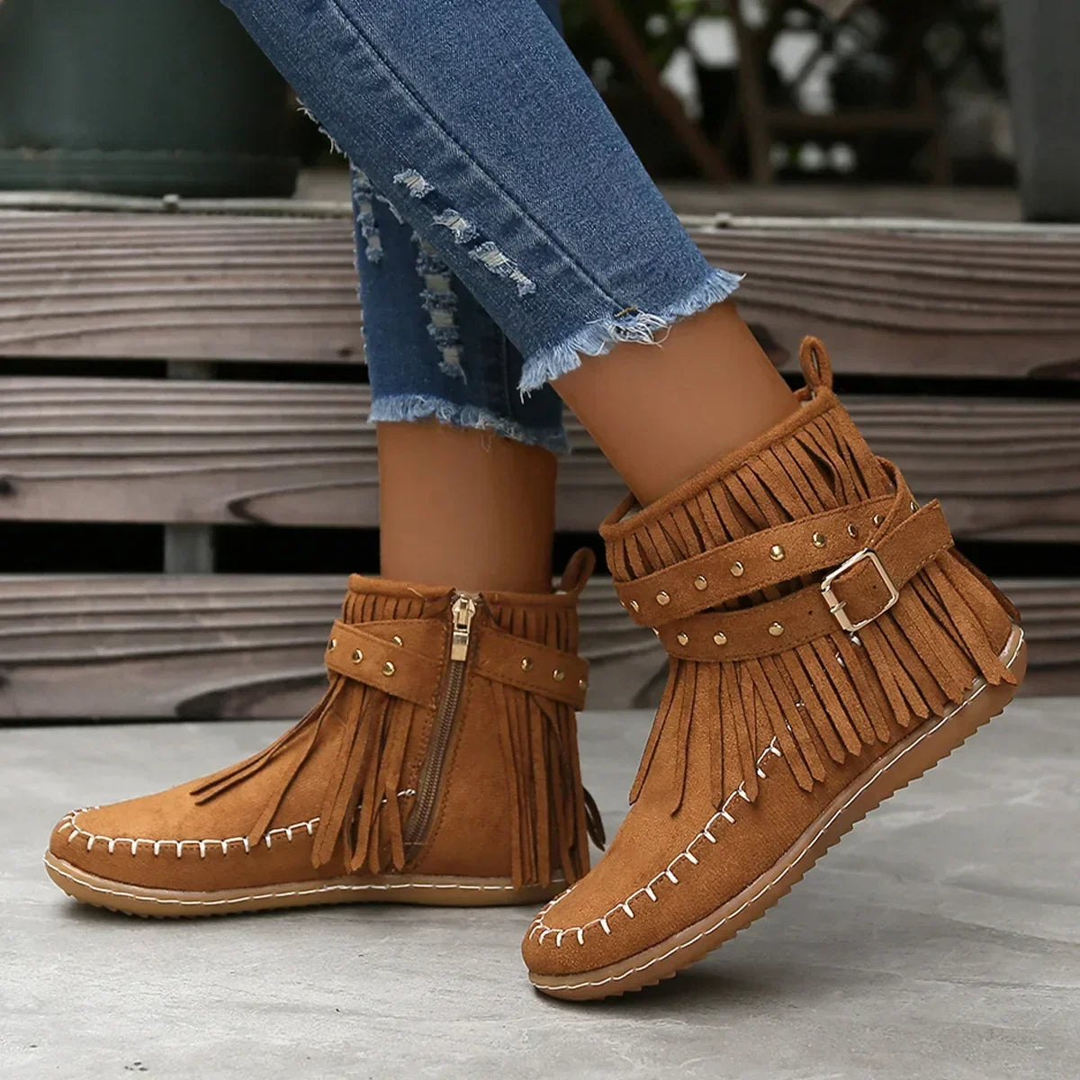 Women's Ankle Boots with Fringe and Studs, Western Boho Style - 5