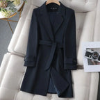 Women's Longline Blazer Coat with Tie Belt and Button Cuffs - Black