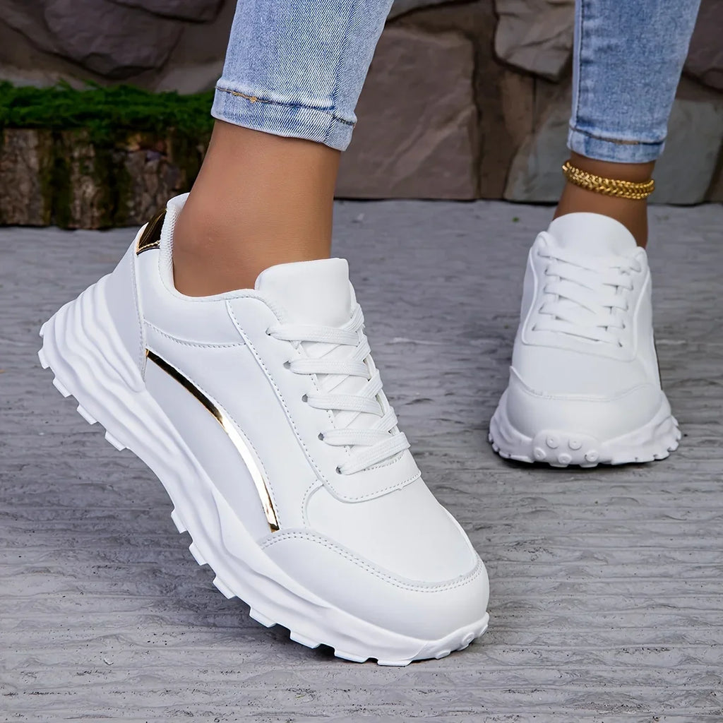 Women's Sneakers with Faux Leather Finish and Metallic Trim - 2